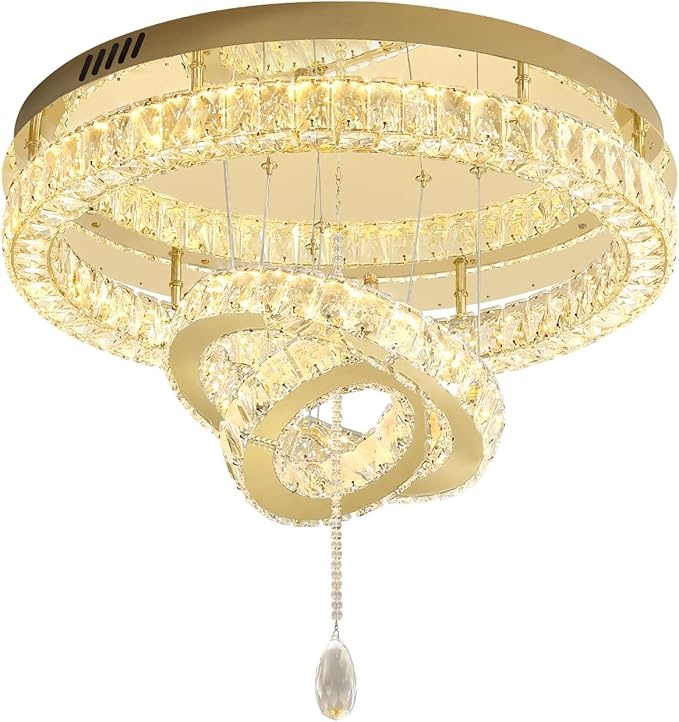 Flashing God Dia 32'' Modern Chandeliers for Living Room Crystal Flush Mount Ceiling Chandelier Large Chandeliers for Dining Room Bedroom LED Dimmable 3000-6000K Gold