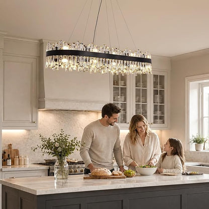 Large Rectangular Crystal Chandelier for Dining Room, 20-Light Modern 2-Tiers Oval Flush Mount Pendant Ceiling Light Fixture for Living Room Kitchen Island Bar 52 Inches