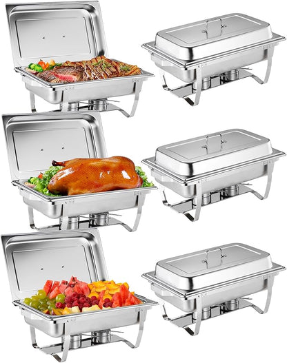 6 Pack Chafing Dishes for Buffet, Stainless Steel Catering Chafer with Lids, Pans & Fuel Holder, 8QT Food Warmers for Parties Buffet, Buffet Servers and Warmers for Parties, Events, Weddings,Silver