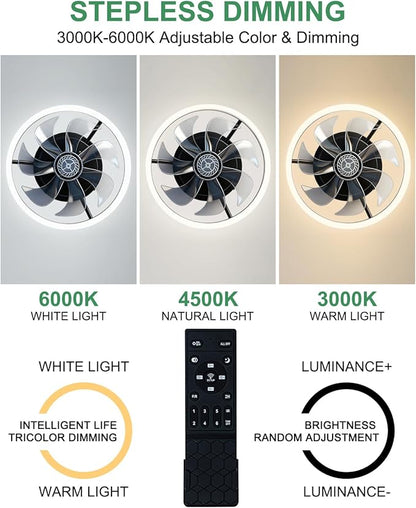 Ceiling Fan with Lights, Low Profile Ceiling Fans with Lights and Remote, Flush Mount LED Fan Light, Modern Bladeless Fandelier for Bedroom Works with APP, 12IN Black