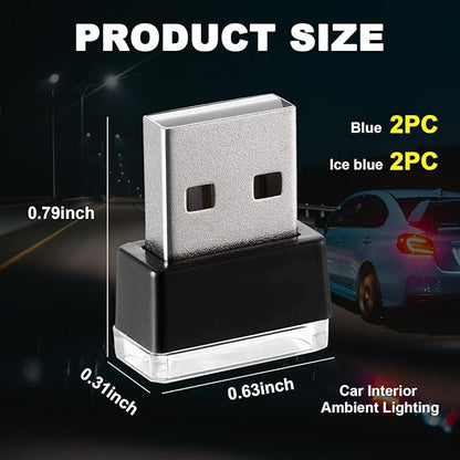 Ziciner 4 PCS USB LED Car Interior Atmosphere Lamp, Portable Mini LED Night Light, Plug-in USB Interface Trunk Ambient Lighting Kit, Universal Interior Accessories for Most Vehicles (Blue, Ice Blue)
