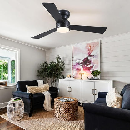 Asyko Ceiling Fans with Lights,46" Low Profile Ceiling Fan with Light and Remote Control,Flush Mount, Reversible, Dimmable, Noiseless, Black Ceiling Fan for Bedroom