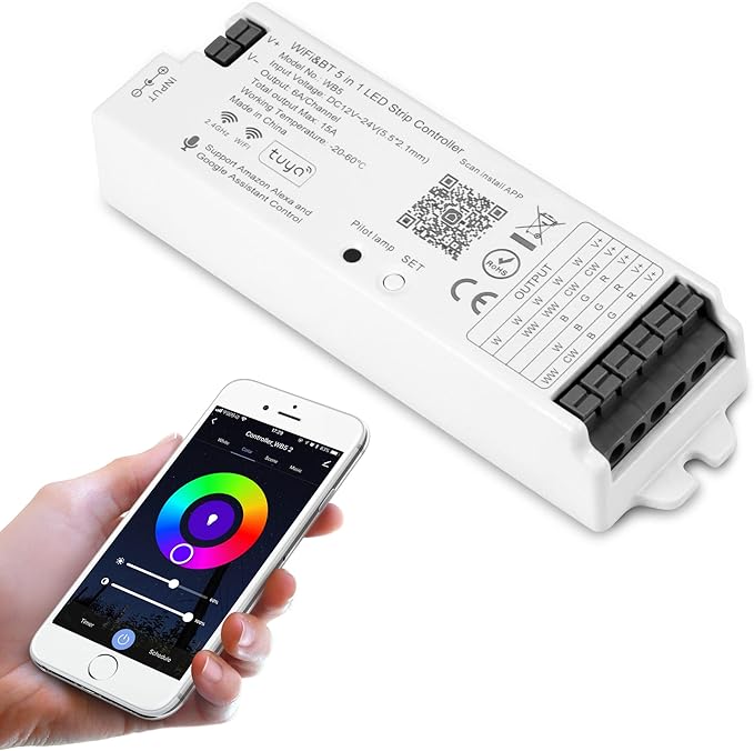 WB5 RF WiFi Bluetooth LED Strip Controller RGB CCT RGBW 5in1 Dimmable Compatible with Smart Life APP/Alexa Echo/Google Assistant Home/Siri, DC12-24V Lights Controller
