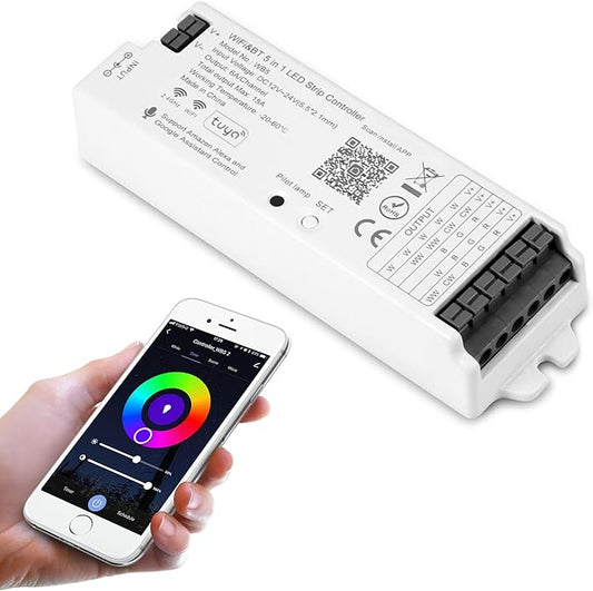 WB5 RF WiFi Bluetooth LED Strip Controller RGB CCT RGBW 5in1 Dimmable Compatible with Smart Life APP/Alexa Echo/Google Assistant Home/Siri, DC12-24V Lights Controller