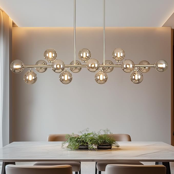 55" Long Chandeliers for Dining Room Kitchen Island, Large Globe Sputnik Linear Chandelier, 16 Lights Mid Century Modern Light Fixture Over Table, Nickel and Smoke Grey Bubble, GC-08