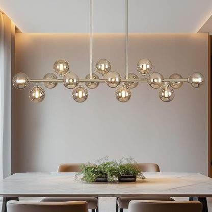 55" Long Chandeliers for Dining Room Kitchen Island, Large Globe Sputnik Linear Chandelier, 16 Lights Mid Century Modern Light Fixture Over Table, Nickel and Smoke Grey Bubble, GC-08