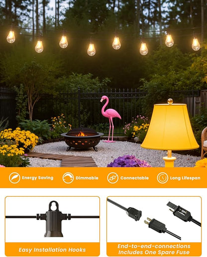 Zuske Outdoor String Lights, 50FT LED Patio Lights with 25+2 A45 Vintage Edison Shatterproof Bulbs, Waterproof Connectable Dimmable Outside Hanging Lights for Backyard Bistro Porch Garden