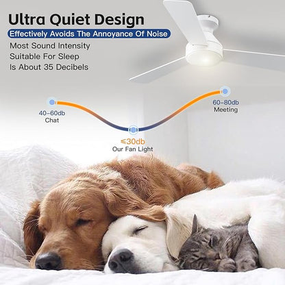 Ceiling Fans with Lights, 42 Inch Ceiling Fan with Light And Remote, 3CCT Flush Moun Low Profile Ceiling Fans, 6 Speed Noiseless LED Ceiling Fan, White Ceilings Fan with Remote for Bedroom Living Room