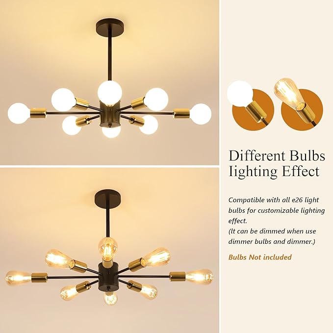DELIPOP Modern Sputnik Chandelier, 8-Light Industrial Metal Semi Flush Mount Ceiling Light, E26 Base Sputnik Ceiling Light Fixture for Dining Room Bedroom Foyer Hallway Living Room