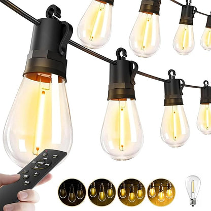Outdoor String Lights Patio LED - Light Outside 50Ft 15M Waterproof Remote Dimmable S14 Porch Lighting Edison Plastic Bulb Pergola Hanging Balcony Connectable Backyard Yard Gazebo Party Garden Bistro