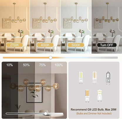 Gold Linear Chandeliers for Dining Room, 8-Light Amber Glass Globe Chandelier Modern Sputnik Chandelier Mid Century Dining Room Light Fixture Pendant Kitchen Island Lighting, Electroplated Brass, 37"