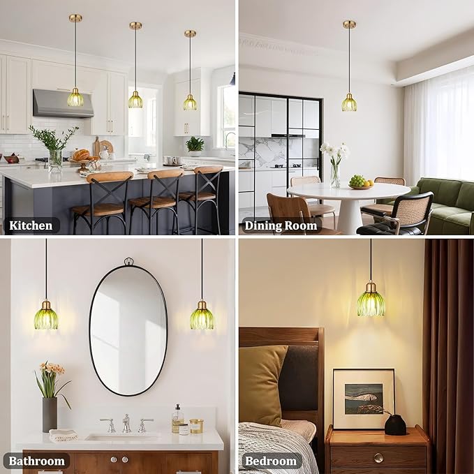 TALOYA Pendant Light 3 Pack with Green Tulip Glass Lmapshade, Brass Vintage Pendant Light Adjustable Hanging Light for Kitchen Island Bedroom Dining Room Hallway& Bar