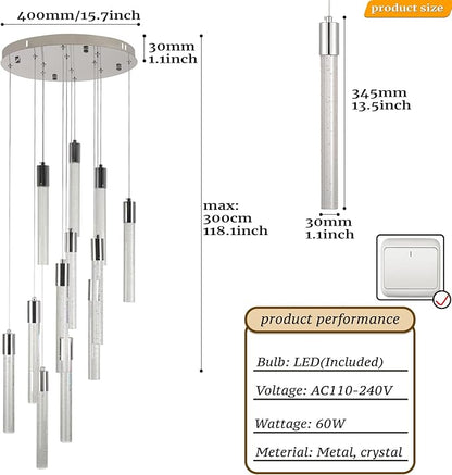 12-Light Chrome Bubble Crystal Chandelier, Cool White Spiral Staircase Pendant for High Ceilings Sloped Ceiling Compatible Canopy Adjustable Hanging Height Hardwired Foyer Entryway