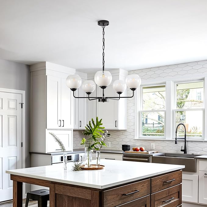 5 Light Globe Chandelier, Mid Century Modern Chandeliers for Dining Room, 28.35" Large Vintage Milk White Glass Pendant Light,Hanging Sputnik Ceiling Light Fixture for Bedroom Living Room Kitchen, E26