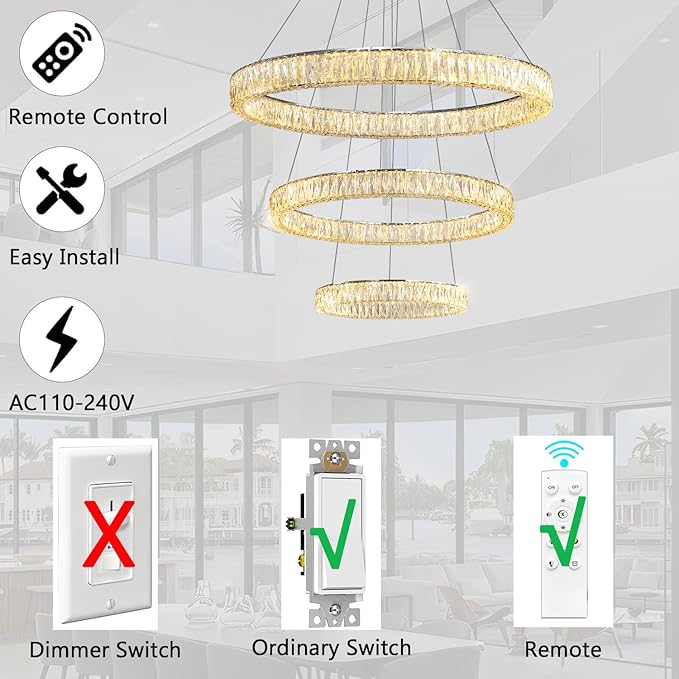 HAIXIANG Modern Glam Chandelier Crystal LED Remote Rings Chandelier Adjustable Hanging Ceilings Pendant Lights Fixture Silver 8"+16"+24" Rings Lighting