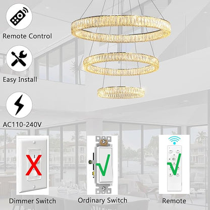 HAIXIANG Modern Glam Chandelier Crystal LED Remote Rings Chandelier Adjustable Hanging Ceilings Pendant Lights Fixture Silver 8"+16"+24" Rings Lighting