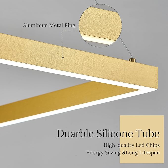 Modern LED Pendant Light, Gold LED Chandelier 24" Rectangle Chandelier for Dining Room Dimmable Modern Chandelier Flush Mount Pendant Light for Living Room Kitchen Office, 3000-6500K