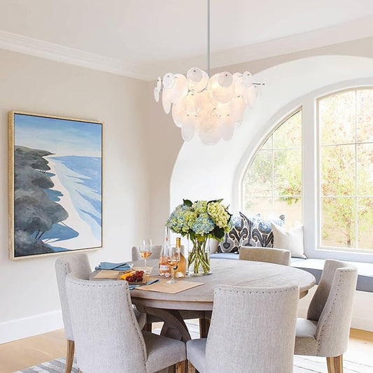 Dia 28 Inch, Modern Glass Chandeliers for Farmhouse, Large Unique Pendant Chandelier for Dining Room Bedroom Entryway Kitchen Foyer, Chrome Finish