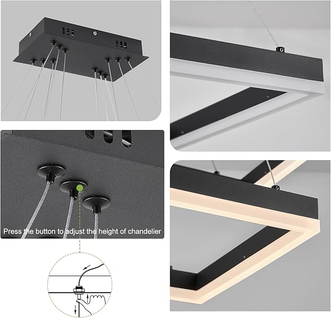Benkut 3 Rings Modern LED Chandelier Black 31.5inch Rectangle Dimmable LED Pendant Light with Remote Control 3 Tier Flush Mount High Ceiling Light for Dining Living Room Foyer(3000K-6500K, H71)