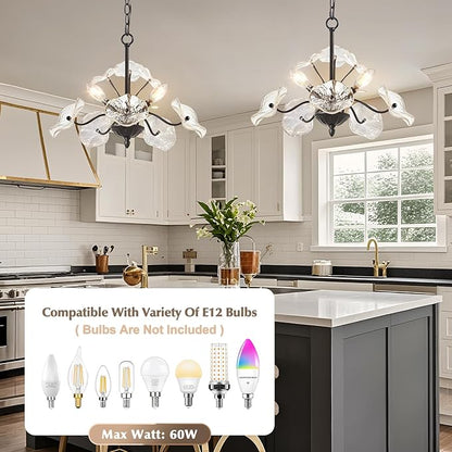 Luvkczc Black Chandelier,Vintage Flower Glass Pendant Light Fixture,Mid Century Ceiling Light Fixture for Dining Room, Kitchen, Living Room, Bedroom Hallway Porch,3 Lights