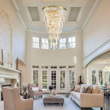 Gold Long Crystal Chandelier for High Ceiling, Height 47 inch 7-Tier Modern Large Chandeliers Lighting Fixture, Round Light for Entryway Staircase Foyer