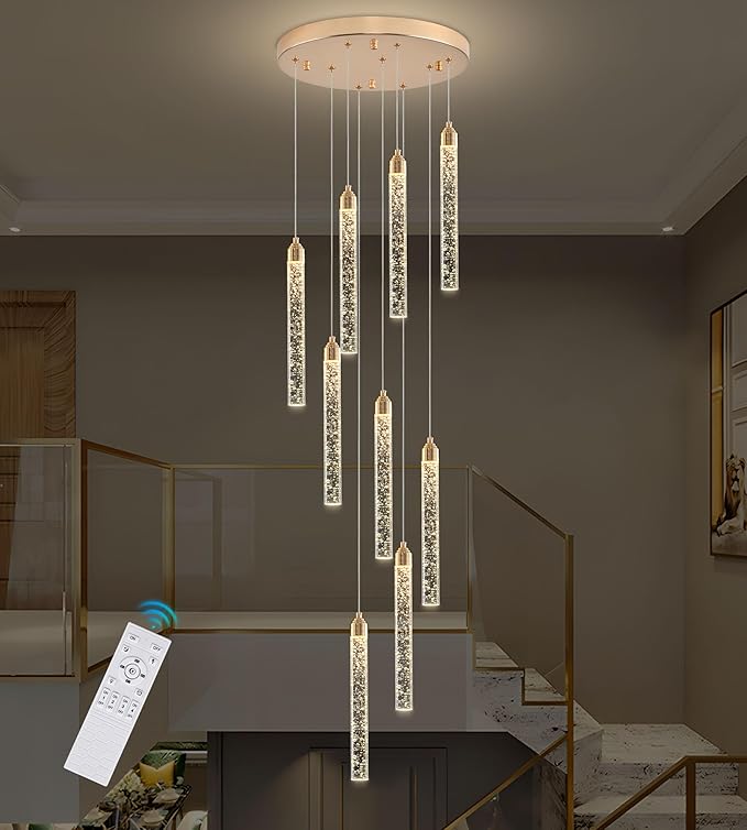Crystal Staircase Chandelier, Modern Gold Spiral Dimmable LED Cluster Raindrop Foyer Chandelier Lighting, Bubble Living Room Hanging Light Fixture 9 Light Remote Control