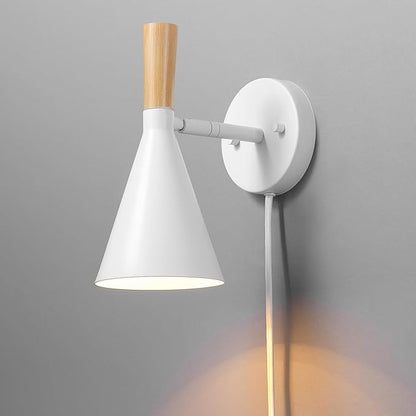 Globe Electric 65000147 1-Light Plug-in or Hardwire Wall Sconce, Matte White, Light Wood-Toned On/Off Rotary Switch on Pivoting Shade, 6ft White Braided Fabric Cord, Wall Lights for Living Room