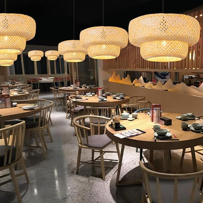 Boho Bamboo Pendant Light 17.72" Beige Wicker Chandelier Handmade Rattan Dining Room Lights Farmhouse Hanging Lighting Fixture for Kitchen Island Bedroom Living Room Hallway Coffee Restaurant
