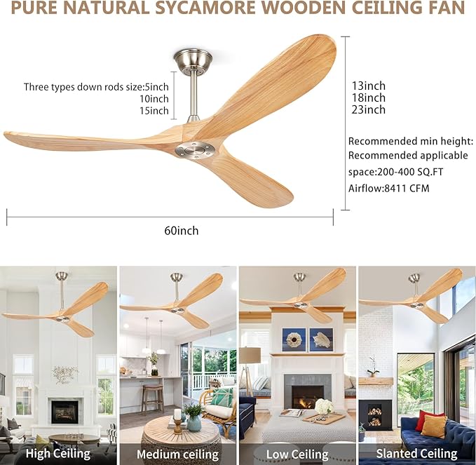 60” Ceiling Fans Without Lights, Wood Ceiling Fan with Remote Control No Light, Outdoor Propeller Ceiling Fan with 3 Blades,Brushed Nickel Outdoor Ceiling Fans for Patios (Nature Wood)
