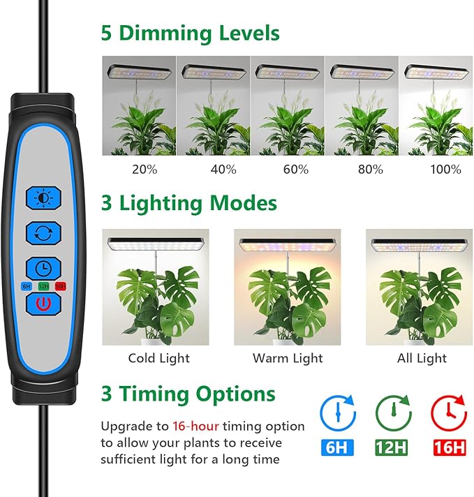 Aumtrly Grow Lights for Indoor Plants, Full Spectrum Table Plant Lights for Growing Small Plants, 5000K White Light LED Indoor Plant Light with Base, 26 Inch Height Adjustable, 6/12/16H Timer