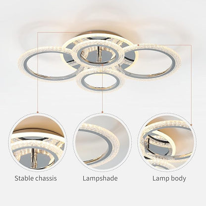 Garwarm Modern Ceiling Light 58W Dimmable Flush Mount LED Ceiling Lamp 4 Rings Acrylic Ceiling Chandelier for Living Room Dining Room Bedroom,Chrome