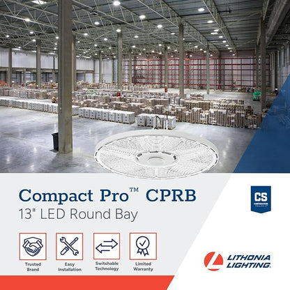 Lithonia Lighting Compact Pro Round LED High Bay Light, Ceiling Lighting Fixture, Adjustable 12000/15000/18000 Lumens, Selectable 4000K/5000K, UVOLT 120–347V, White (CPRB ALO13 UVOLT SWW9 80CRI DWH)