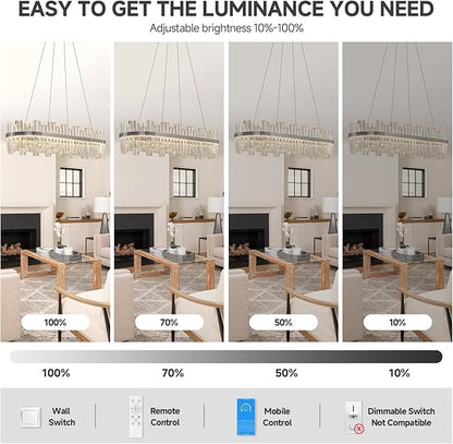 Nickel Led Modern Crystal Chandelier: 39.3" Rectangle Linear 3 Color Dimmable Chandeliers for Dining Room Over Table - Luxury Rectangular Contemporary Oval Light Fixture for Living Room Bedroom Foyer