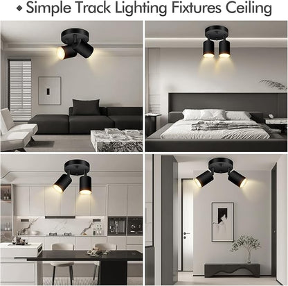 2 Light Track Lighting Fixtures Ceiling, Matte Black Round Directional Ceiling Spotlight, GU10 Flush Mount Track Fixture, Adjustable Modern LED Track Lights for Kitchen/Living Room, Bulb Not Included