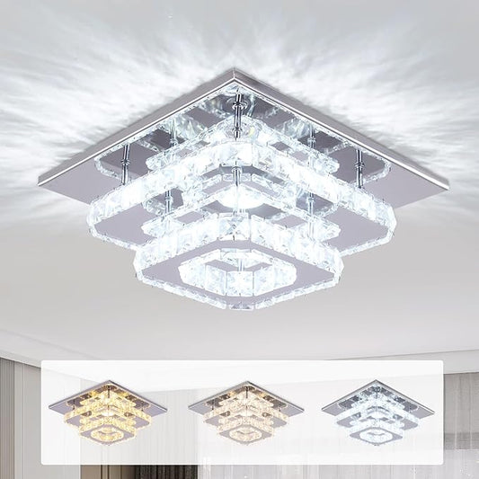 FRIXCHUR 9.8" Crystal Ceiling Light, 3-Color LED Square Flush Mount Chandelier, 2-Layer K9 Crystal Ceiling Lamp for Bedroom Living Room Dining Room Hallway Foyer 25W