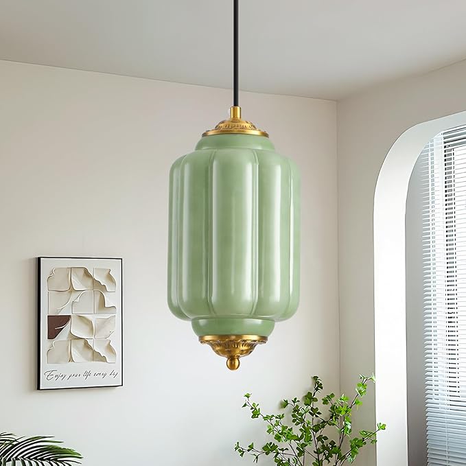 Green Glass Pendant Light, 5.5in Small Schoolhouse Light Fixture, LED Bulb Included, Vintage Art Deco Chandelier for Kitchen Island Dining Room Bedroom Hallway, Green & Antique Gold 1 Pack