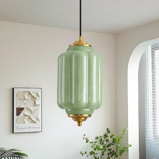 Green Glass Pendant Light, 5.5in Small Schoolhouse Light Fixture, LED Bulb Included, Vintage Art Deco Chandelier for Kitchen Island Dining Room Bedroom Hallway, Green & Antique Gold 1 Pack