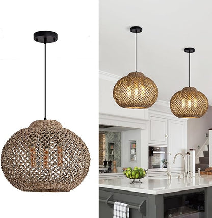3-Light Rattan Pendant Light, 16.54" Hand-Woven Wicker Chandelier, Boho Basket Pendant Light for Dining Room Bedroom, Living Room, Bedroom, Kitchen, Farmhouse