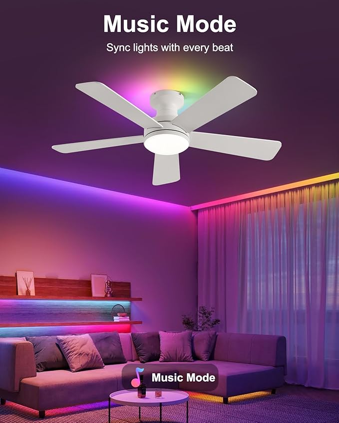 42 Inch Ceiling Fans with Lights, Smart Ceiling Fan with Alexa Google App, White Ceiling Fan with RGB Lights Remote, 6 Speeds Reversible DC Motor, Modern Flush Mount for Bedroom Living Room