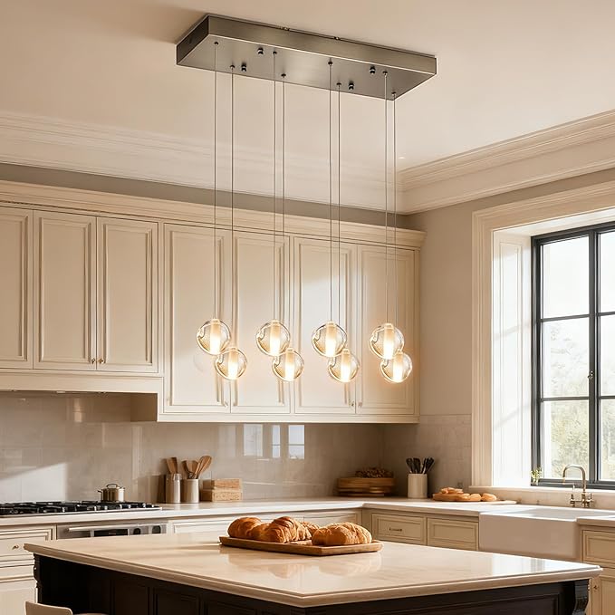 8 Lights Nickel Raindrop Rectangle Chandelier, Modern Bubble Crystal Chandelier for Dining Room, Large Pendant Light for High Ceilings Staircase Foyer Entryway Living Room Kitchen Island