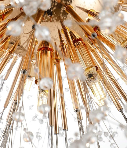 Gold Crystal Chandeliers Dandelion, 31.4" Steel Firework Chandelier Large Lighting, 16-Light Modern Sputnik Pendant Light Fixture for Living Room Bedroom