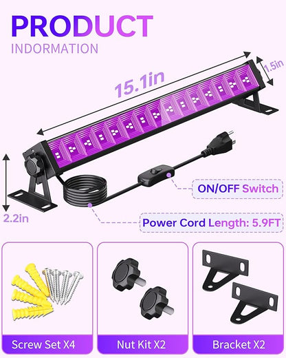 4 Pack LED 42W Black Lights, Blacklight Bars with Plug+Switch+6ft Cord, Light Up 24x24ftx4, Blacklight for Glow Party, Fluorescent Poster, Body Paint, Halloween Decorations, Bedroom, Stage