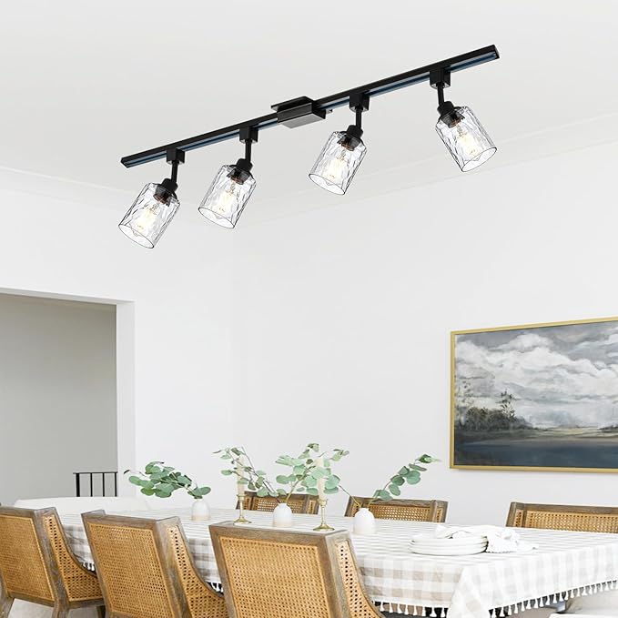 4 Pack H Track Lighting Heads Black Track Lighting Fixtures with Clear Hammered/Water Ripples Glass, H Type Track Lighting Replacement Heads Ceilig Spotlight for Kitchen Accent Retail E26 Base