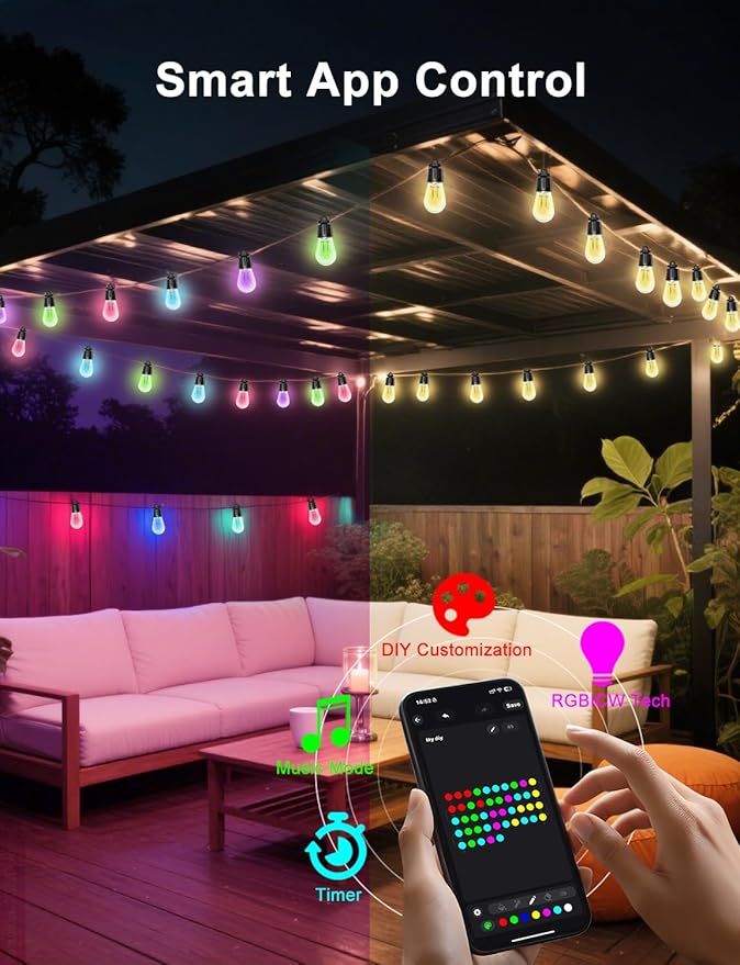 100ft String Lights for Outside, Smart RGB IC Warm White Patio Lights Outdoor Waterproof with Remote & App Control, Compatible with Alexa Great for Porch, Yard, Pergola