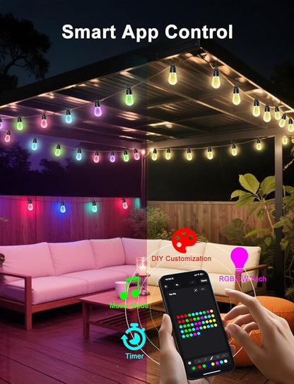 100ft String Lights for Outside, Smart RGB IC Warm White Patio Lights Outdoor Waterproof with Remote & App Control, Compatible with Alexa Great for Porch, Yard, Pergola