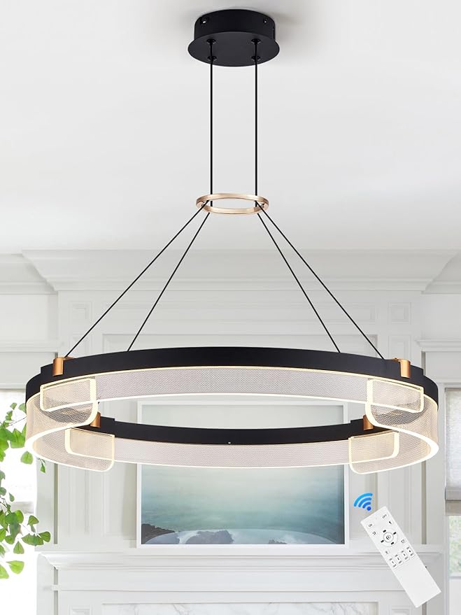 Benkut Modern LED Pendant Light Dimmable Black LED Chandelier for Dining Room Pendant Light Fixture Over Table Modern Chandelier Kitchen Island Living Room Entryway, 24 inch 3000K-6500K