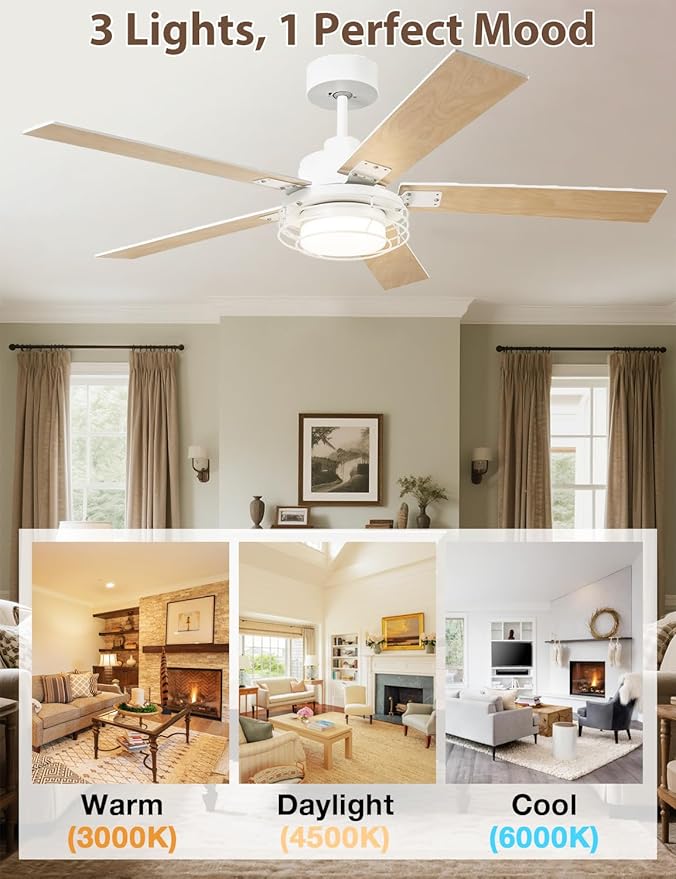 52" White Ceiling Fan with Lights & Remote -Farmhouse Ceiling Fan for Bedroom with High Airflow,Quiet DC Motor 6-Speed Indoor/Outdoor