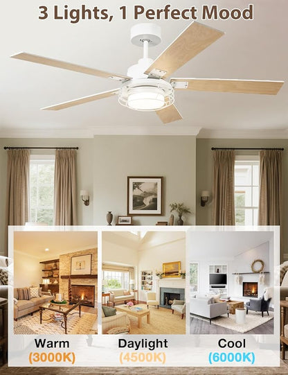 52" White Ceiling Fan with Lights & Remote -Farmhouse Ceiling Fan for Bedroom with High Airflow,Quiet DC Motor 6-Speed Indoor/Outdoor