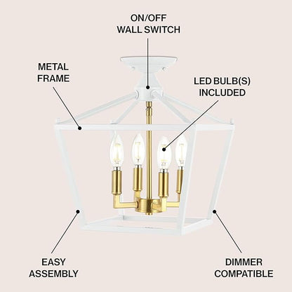 JONATHAN Y 12" White/Brass Gold Modern Farmhouse Pagoda 4-Light LED Semi Flush Mount Lantern, Metal Ceiling Light Fixture for Kitchen, Hallway, Entryway, Bedroom, Hardwired (JYL7610F)