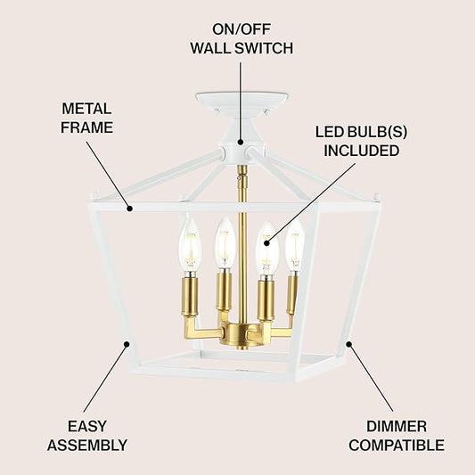 JONATHAN Y 12" White/Brass Gold Modern Farmhouse Pagoda 4-Light LED Semi Flush Mount Lantern, Metal Ceiling Light Fixture for Kitchen, Hallway, Entryway, Bedroom, Hardwired (JYL7610F)